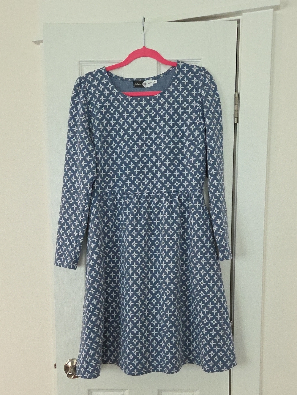Girls' Blue Patterned Long-Sleeve Dress